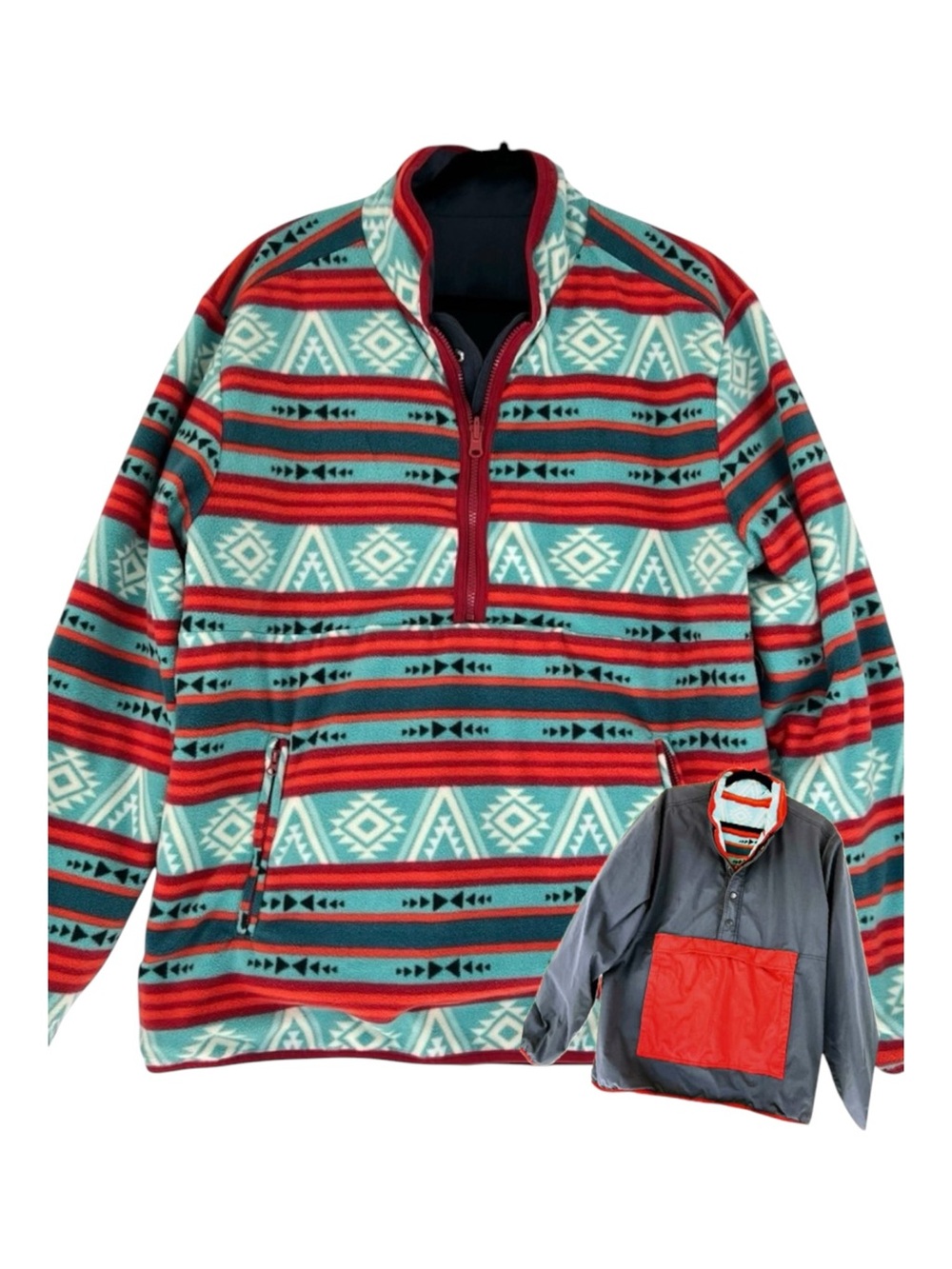 Stoic Reversible Fleece Pullover Jacket Aztec Southwest Sz L Blue Gorpcore